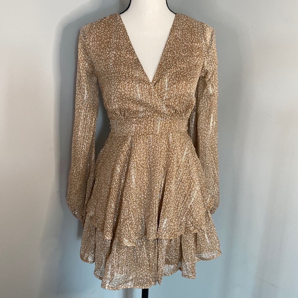 Japna Cheetah Leopard Print Metallic Ruffle V Neck Babydoll Dress